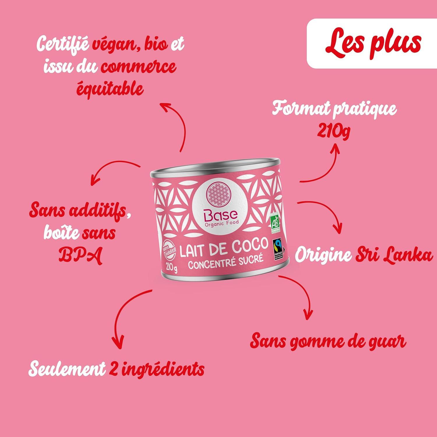 image:imageLait de Coco BIO Concentr Sucr 210g Vegan Sans Additifs Sans Lactose Equitable Recette sucre Ptisserie Dessert Boisson Chaude Sans BPA BASE ORGANIC FOOD Lot de 4210 ml Lot de 1