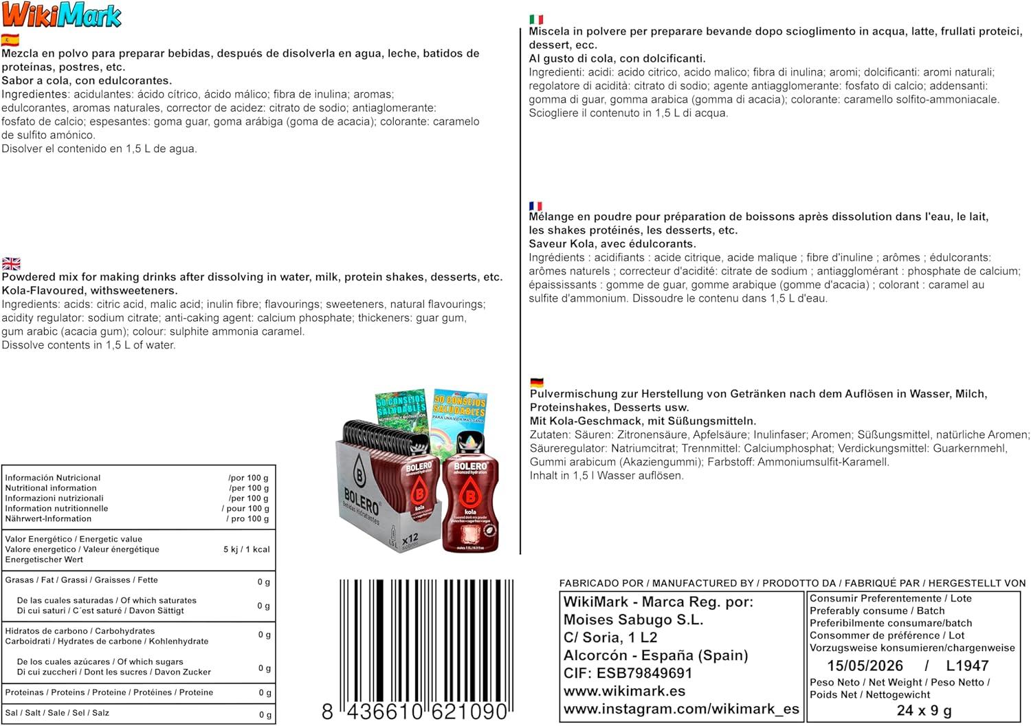 image:imageLot de boissons Bolero 24 sachets de 9 g Saveur COLA Hydratant la vitamine C sans sucre Carte de 100 conseils sant et mode de vie sain x WikiMark 24 sachets Carte de 100 conseils COLA