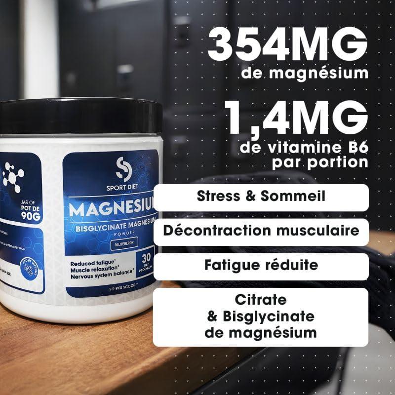 image:imageMAGNSIUM EN POUDRE Citrate ampamp Bisglycinate Vitamine B6 Rduction de la Fatigue Stress ampamp Crampes Fonction Musculaire ampamp Nerveuse Saveur Myrtille 90g SportDiet