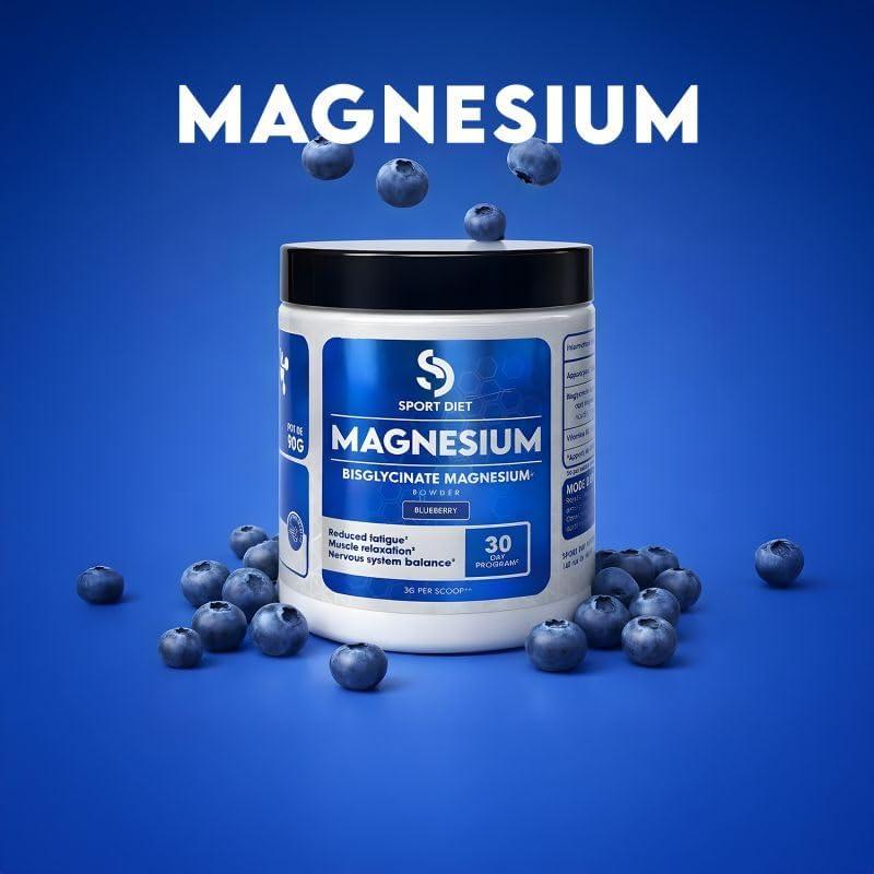 image:imageMAGNSIUM EN POUDRE Citrate ampamp Bisglycinate Vitamine B6 Rduction de la Fatigue Stress ampamp Crampes Fonction Musculaire ampamp Nerveuse Saveur Myrtille 90g SportDiet