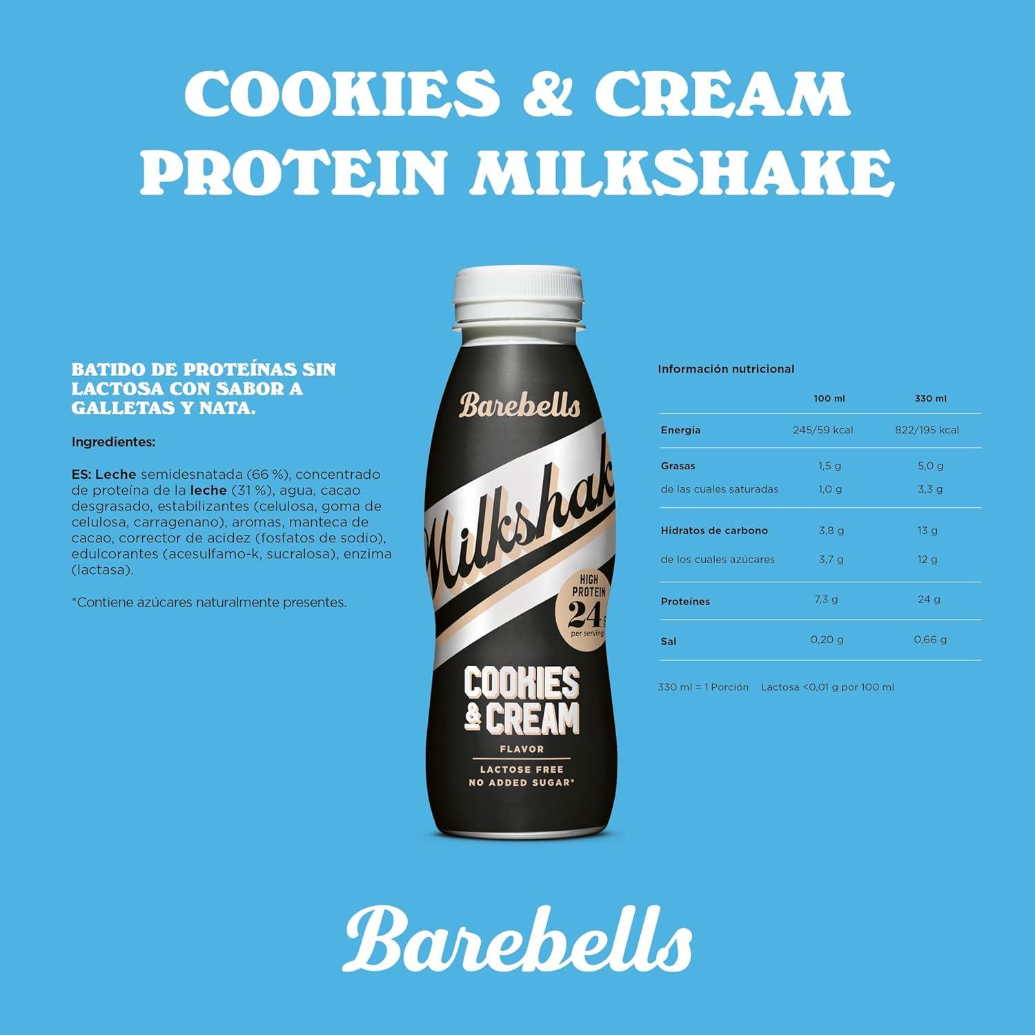 image:imageMilkshake protin Barebells Cookies amp Cream 8 x 330 ml 24 g de protines Sans sucre ajout Sans lactose Boisson onctueuse au dlicieux got cookies amp creamBiscuit et crme