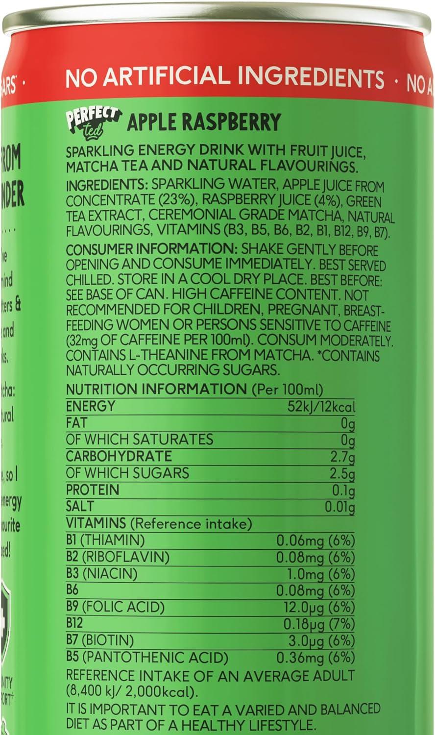 image:imagePerfectTed Boisson nergisante Saine Pomme Framboise 12 Canettes de 250 ml Cafine de Th Vert 80mg ampamp LThanine Entirement Naturelles Faible en Calories 30KCAL Vgane Sans Gluten