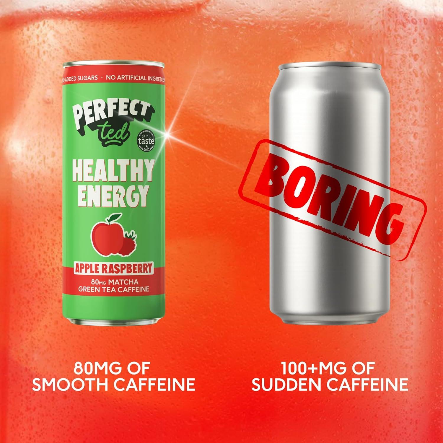 image:imagePerfectTed Boisson nergisante Saine Pomme Framboise 12 Canettes de 250 ml Cafine de Th Vert 80mg ampamp LThanine Entirement Naturelles Faible en Calories 30KCAL Vgane Sans Gluten