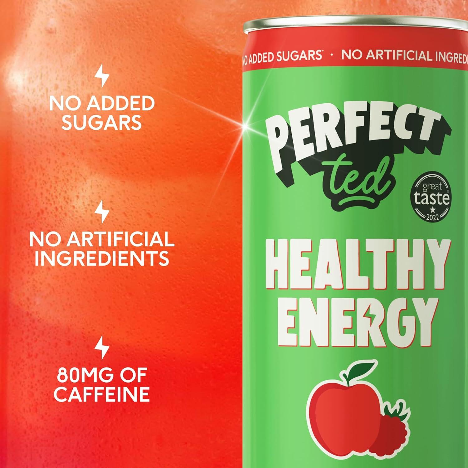 image:imagePerfectTed Boisson nergisante Saine Pomme Framboise 12 Canettes de 250 ml Cafine de Th Vert 80mg ampamp LThanine Entirement Naturelles Faible en Calories 30KCAL Vgane Sans Gluten