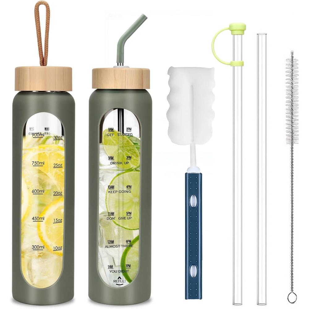 image:image1000ml Bouteille Deau en Verre avec 2 Couvercles en BambouGourde en Verre HermtiqueMotivation Bouteille avec Marqueur de Temps et Protecteur en Silicone pour SportCampingVoyage Sans BPA