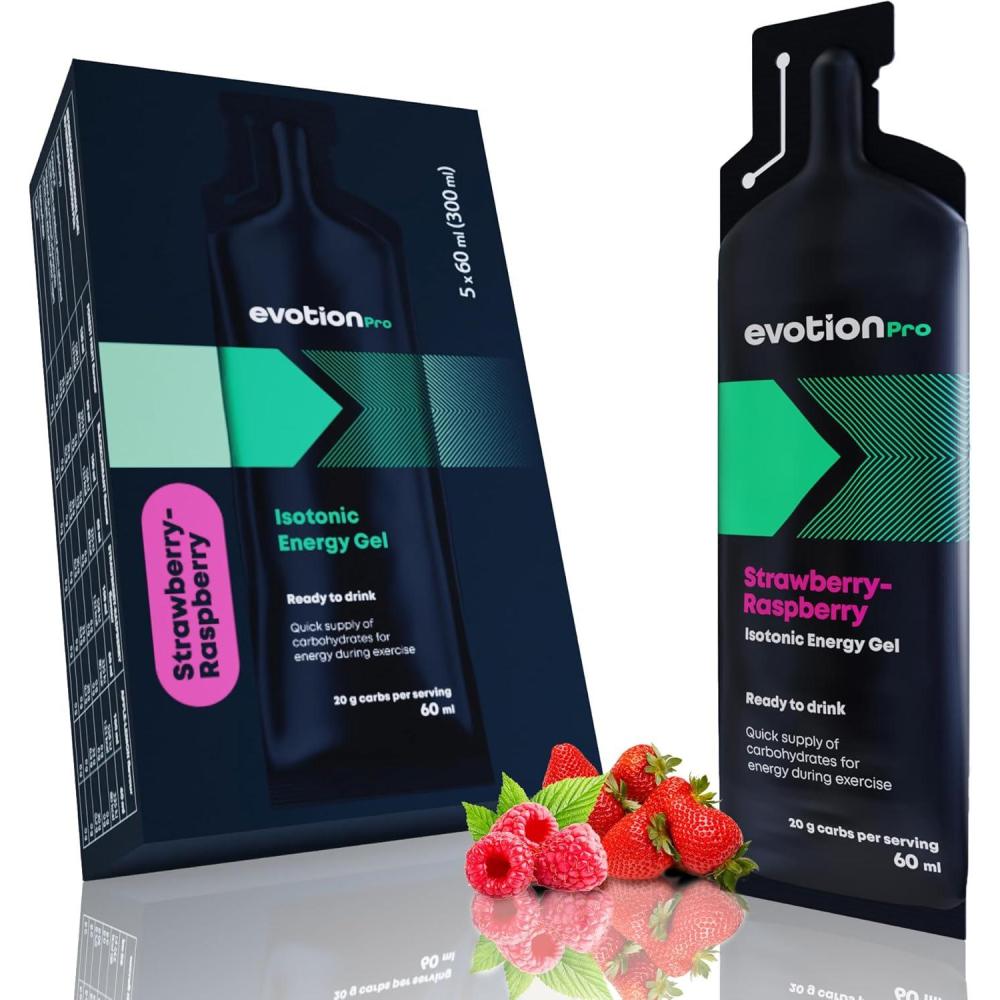 image:imageEVOTION PRO Gel Energetique Isotonique Lot de 5 60ml Dhydratation adquat Activer votre Esprit et vos Muscles Gel Base de Maltodextrine Vegane Fruit de BoisFraise et Framboise