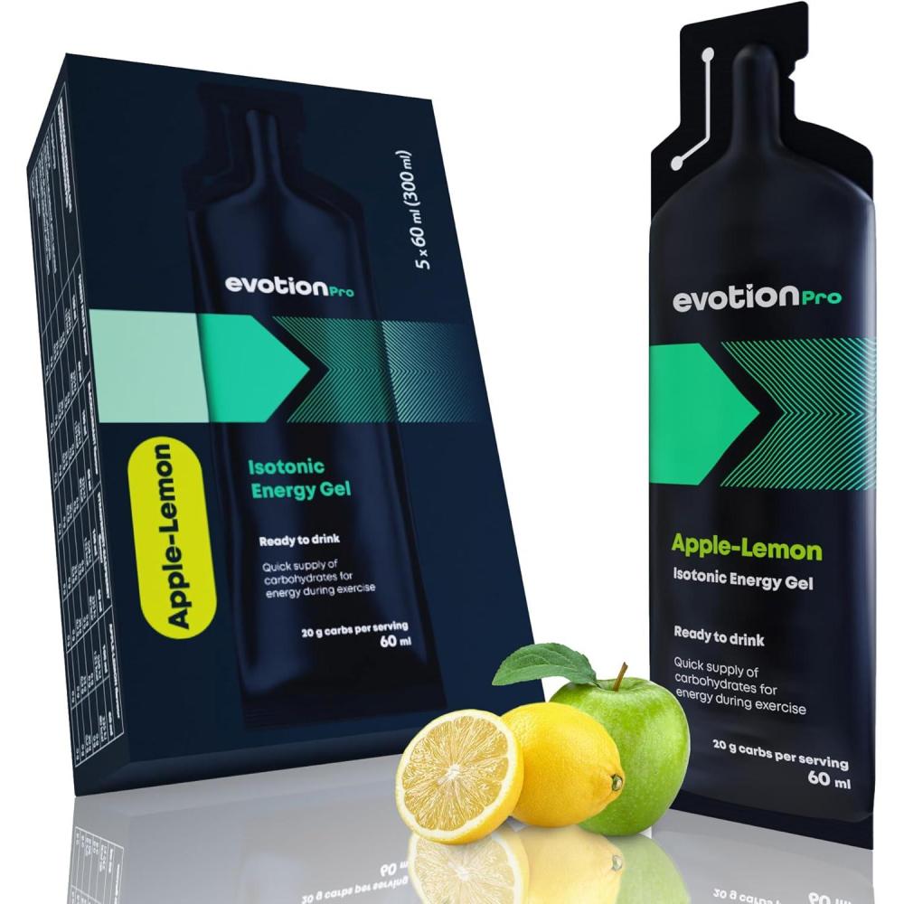 image:imageEVOTION PRO Gel Energetique Isotonique Lot de 5 60ml Dhydratation adquat Activer votre Esprit et vos Muscles Gel Base de Maltodextrine Vegane Fruit de BoisPomme et Citron