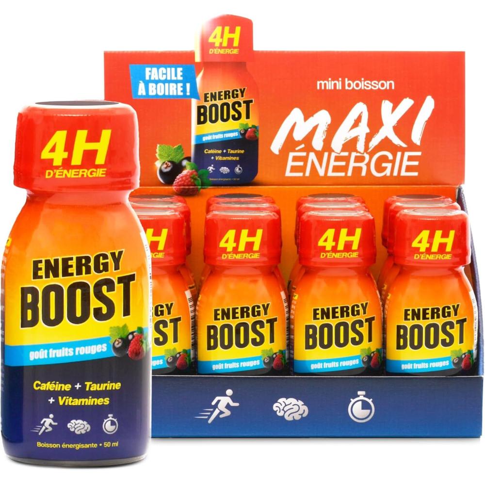 image:imageEnergy Boost DRINKampSHOT Shot nergisant 50ml x12 Boisson Sans Sucres Got fruits rouges Concentr taurine cafine vitamines B Made in FrancePack de 12