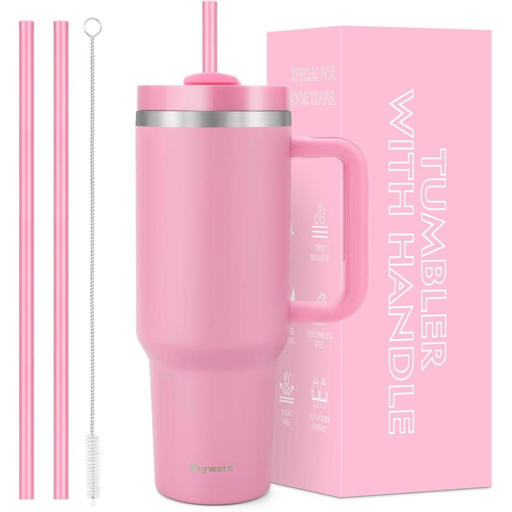 image:imageGobelet de 1200 ml avec poigne et paille couvercle 2 en 1 bouteille deau isotherme double paroi en acier inoxydable Tasse de voyage Cadeau de vacances pour homme et femme Bleu cielRose Pivoine