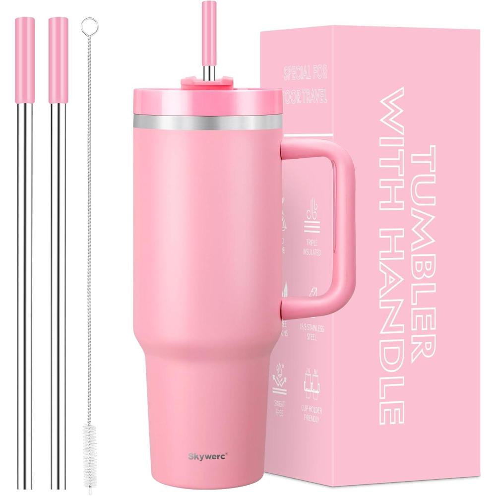 image:imageGobelet de 1200 ml avec poigne et paille couvercle 2 en 1 bouteille deau isotherme  double paroi en acier inoxydable  Tasse de voyage  Cadeau de vacances pour homme et femme  Bleu ciel1rose
