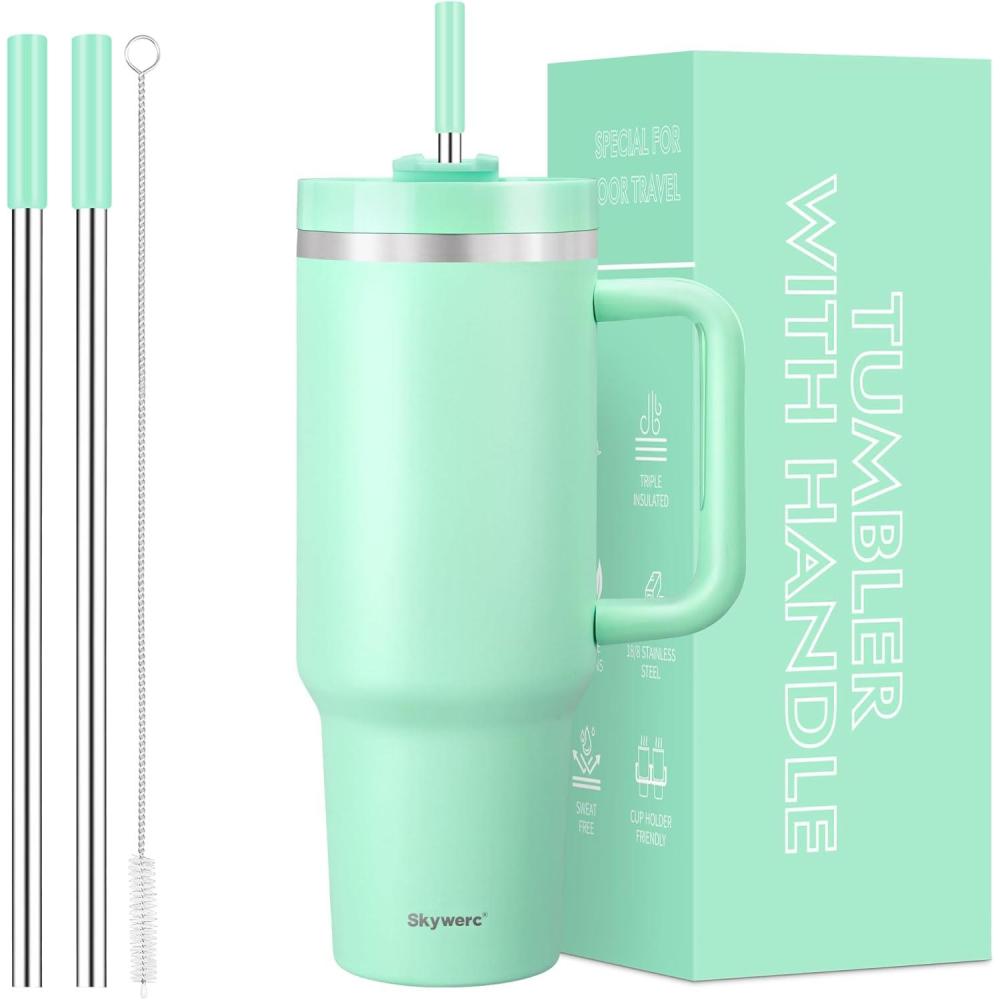 image:imageGobelet de 1200 ml avec poigne et paille couvercle 2 en 1 bouteille deau isotherme double paroi en acier inoxydable Tasse de voyage Cadeau de vacances pour homme et femme Bleu cielVert Menthe
