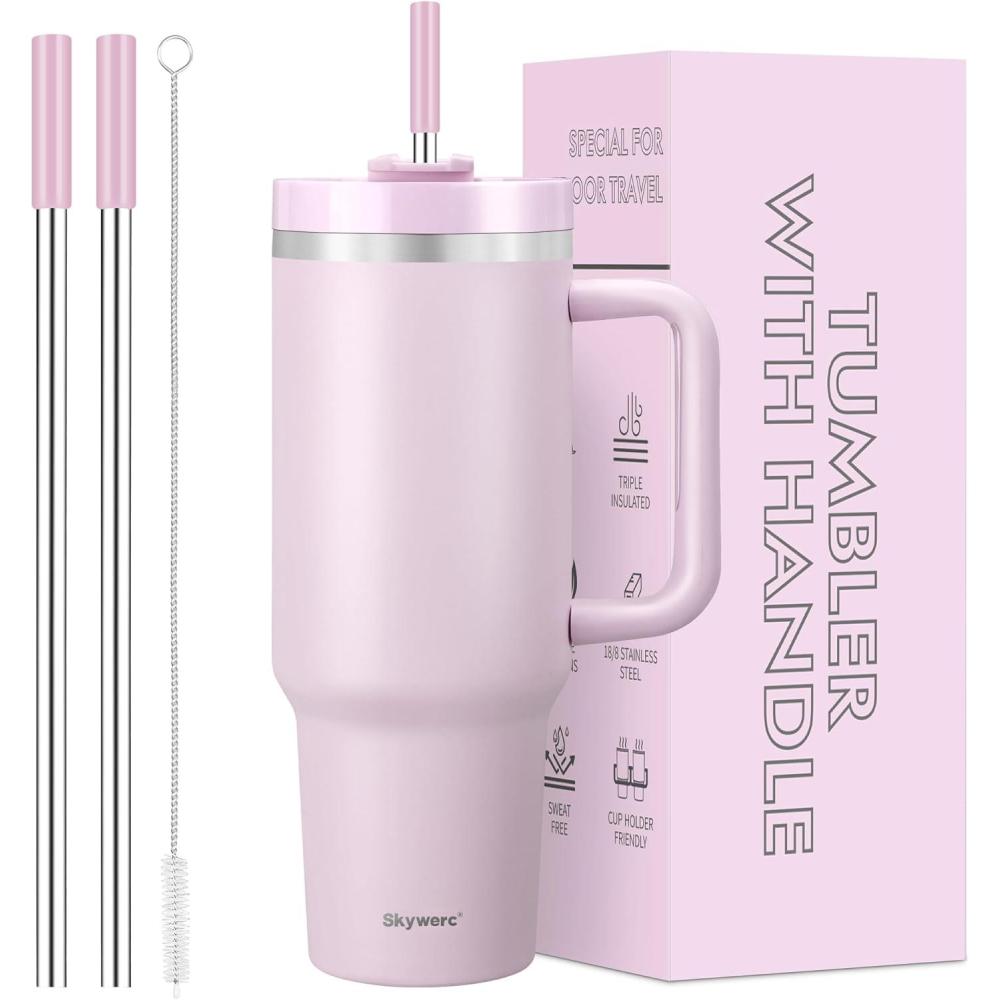 image:imageGobelet de 1200 ml avec poigne et paille couvercle 2 en 1 bouteille deau isotherme double paroi en acier inoxydable Tasse de voyage Cadeau de vacances pour homme et femme Bleu cielLavande