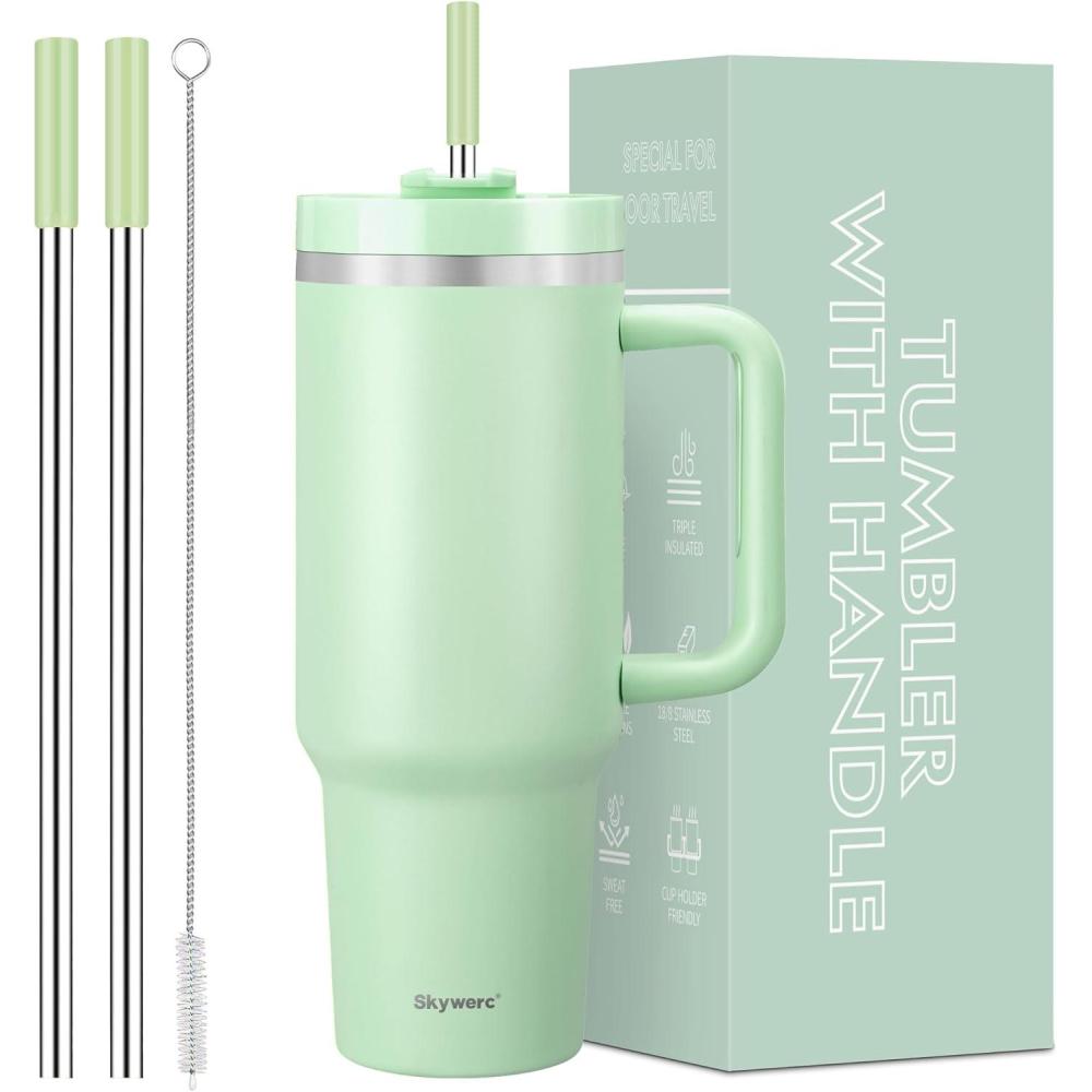 image:imageGobelet de 1200 ml avec poigne et paille couvercle 2 en 1 bouteille deau isotherme  double paroi en acier inoxydable  Tasse de voyage  Cadeau de vacances pour homme et femme  Bleu cielVert Clair