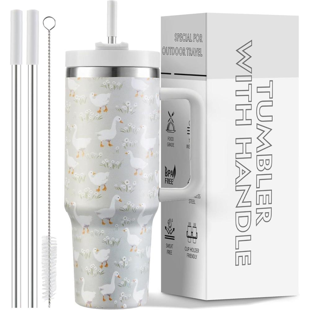 image:imageGobelet de 1200 ml avec poigne et paille couvercle 2 en 1 bouteille deau isotherme  double paroi en acier inoxydable  Tasse de voyage  Cadeau de vacances pour homme et femme  Bleu cielCanard