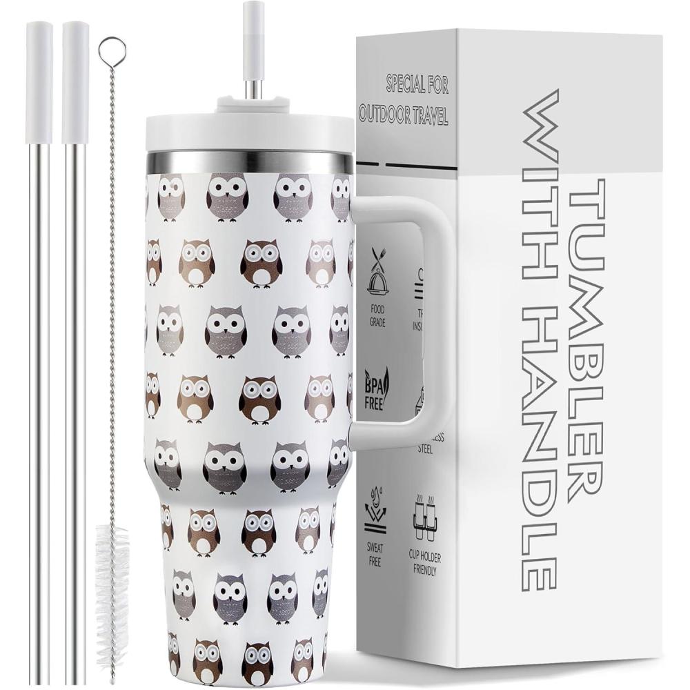 image:imageGobelet de 1200 ml avec poigne et paille couvercle 2 en 1 bouteille deau isotherme double paroi en acier inoxydable Tasse de voyage Cadeau de vacances pour homme et femme Bleu cielChouette