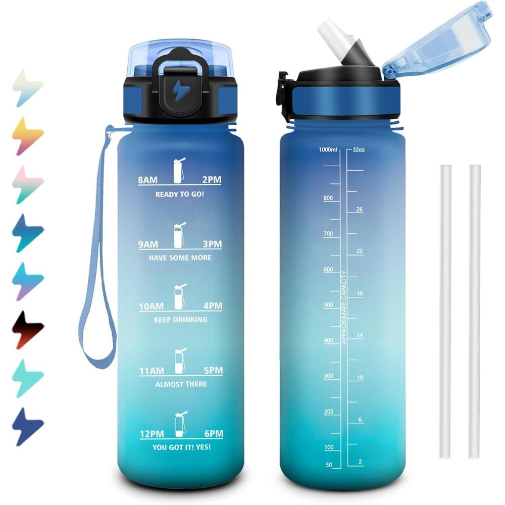 image:imageGourde 1L Bouteille deau Sport Gourde avec Paille Bouteille deau Motivation Marqueur de Temps tanche et Rutilisable Facile Nettoyer pour Enfant Voyage Randonne Camping Cyclisme32oz1000ml Paille Bleu Vert