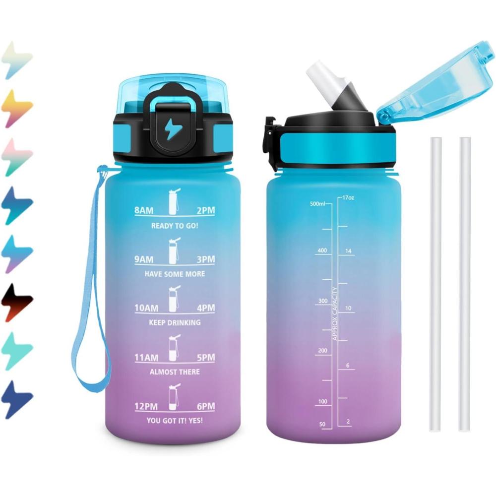 image:imageGourde 1L Bouteille deau Sport Gourde avec Paille Bouteille deau Motivation Marqueur de Temps tanche et Rutilisable Facile Nettoyer pour Enfant Voyage Randonne Camping Cyclisme17oz500ml Paille Bleu Lilas