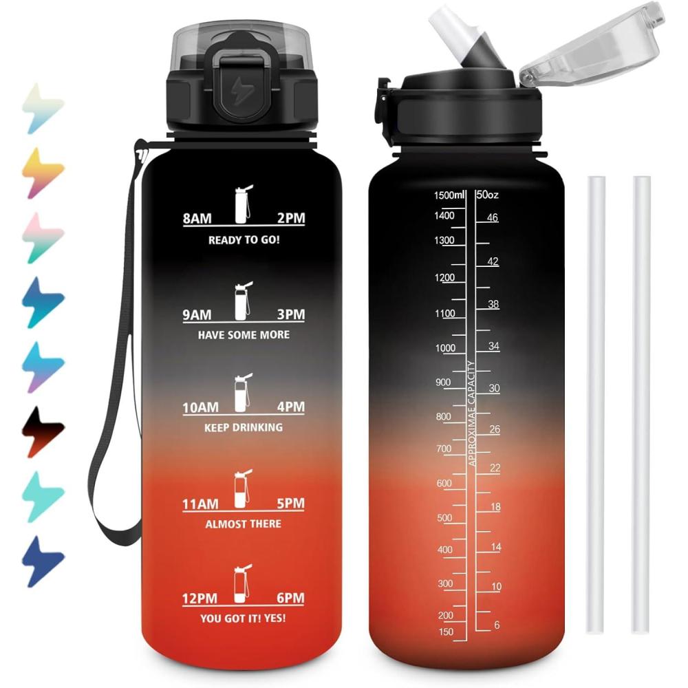 image:imageGourde 1L Bouteille deau Sport Gourde avec Paille Bouteille deau Motivation Marqueur de Temps tanche et Rutilisable Facile Nettoyer pour Enfant Voyage Randonne Camping Cyclisme50oz1500ml Paille Noir Rouge