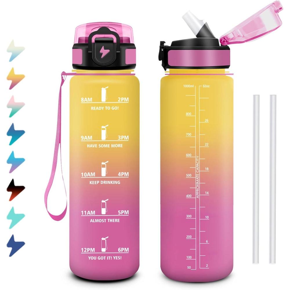 image:imageGourde 1L Bouteille deau Sport Gourde avec Paille Bouteille deau Motivation Marqueur de Temps tanche et Rutilisable Facile Nettoyer pour Enfant Voyage Randonne Camping Cyclisme32oz1000ml Paille Jaune Rose