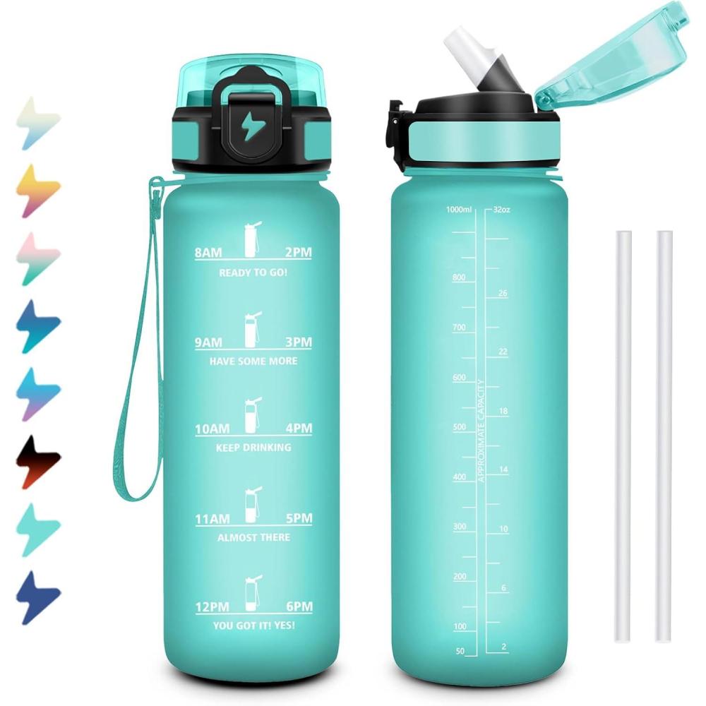image:imageGourde 1L Bouteille deau Sport Gourde avec Paille Bouteille deau Motivation Marqueur de Temps tanche et Rutilisable Facile Nettoyer pour Enfant Voyage Randonne Camping Cyclisme32oz1000ml Paille Mat Bleuvert