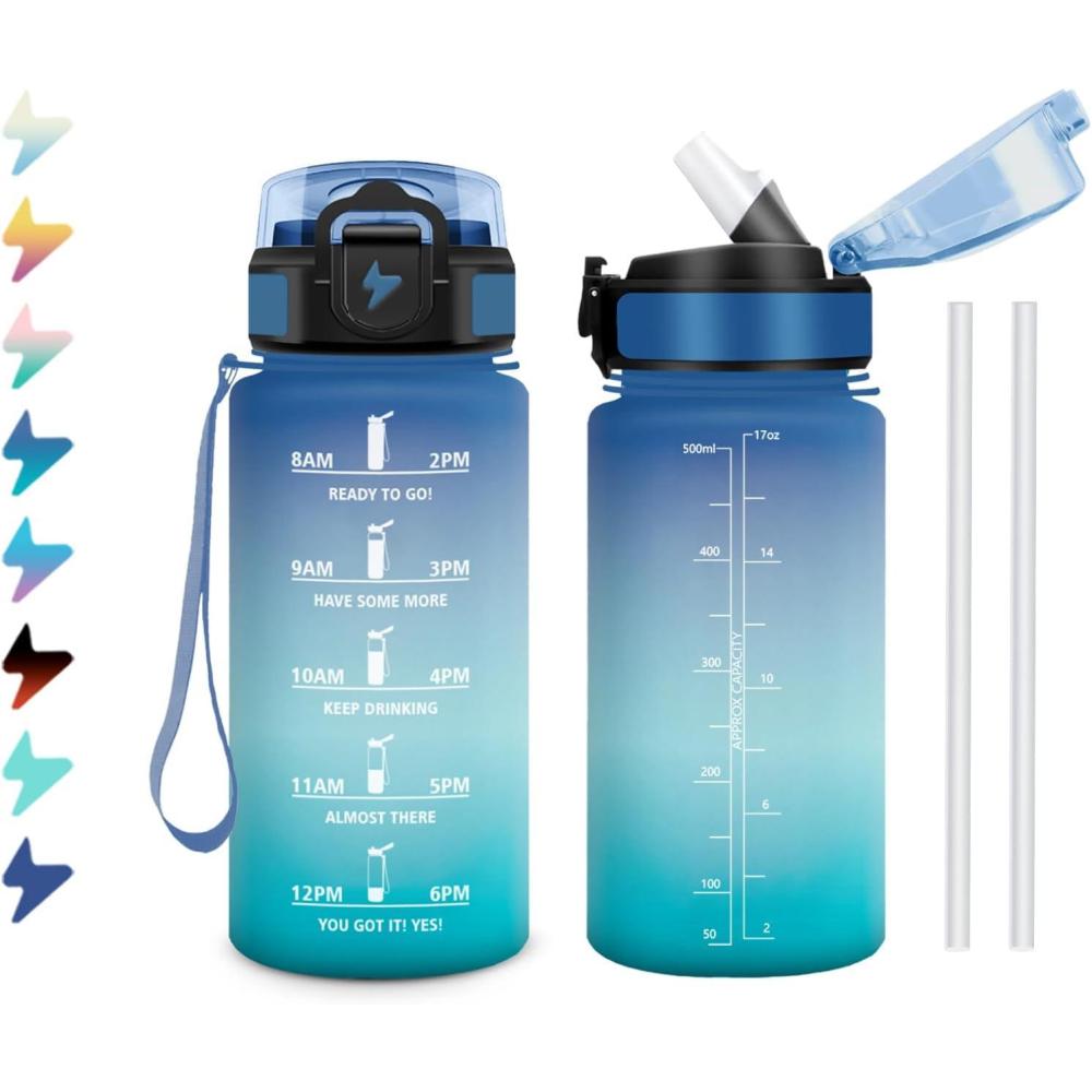 image:imageGourde 1L Bouteille deau Sport Gourde avec Paille Bouteille deau Motivation Marqueur de Temps tanche et Rutilisable Facile Nettoyer pour Enfant Voyage Randonne Camping Cyclisme17oz500ml Paille Bleu Vert