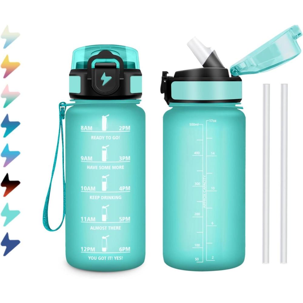 image:imageGourde 1L Bouteille deau Sport Gourde avec Paille Bouteille deau Motivation Marqueur de Temps tanche et Rutilisable Facile Nettoyer pour Enfant Voyage Randonne Camping Cyclisme17oz500ml Paille Mat Bleuvert