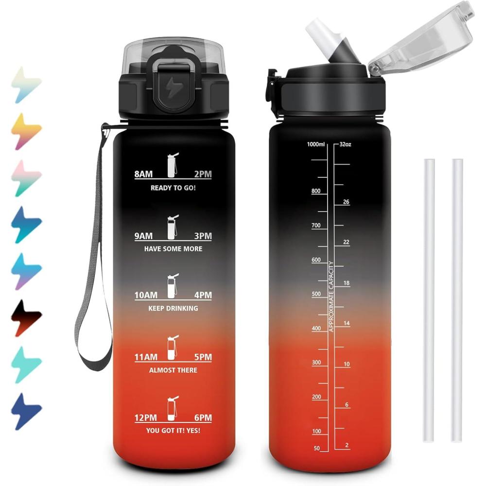 image:imageGourde 1L Bouteille deau Sport Gourde avec Paille Bouteille deau Motivation Marqueur de Temps tanche et Rutilisable Facile Nettoyer pour Enfant Voyage Randonne Camping Cyclisme32oz1000ml Paille Noir Rouge
