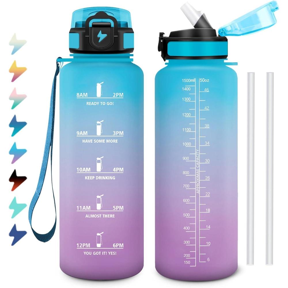 image:imageGourde 1L Bouteille deau Sport Gourde avec Paille Bouteille deau Motivation Marqueur de Temps tanche et Rutilisable Facile Nettoyer pour Enfant Voyage Randonne Camping Cyclisme50oz1500ml Paille Bleu Lilas