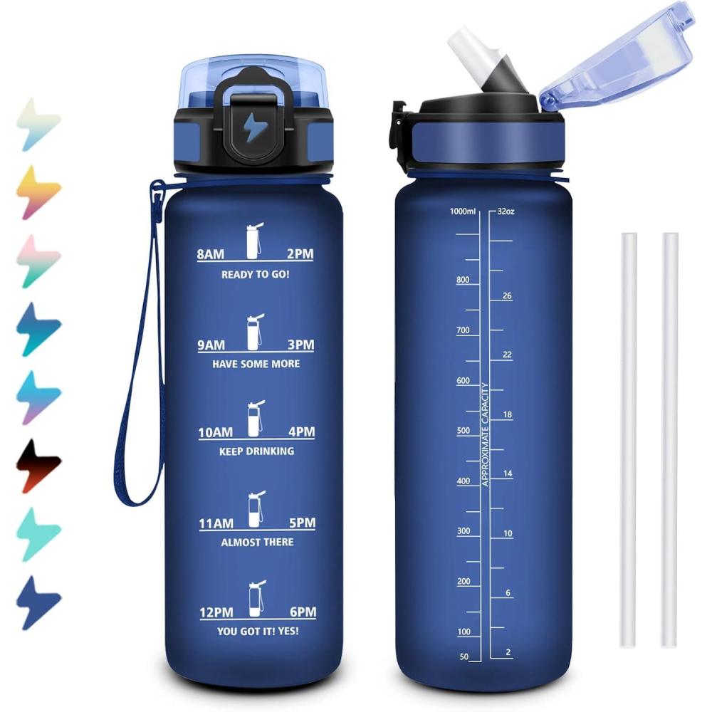 image:imageGourde 1L Bouteille deau Sport Gourde avec Paille Bouteille deau Motivation Marqueur de Temps tanche et Rutilisable Facile Nettoyer pour Enfant Voyage Randonne Camping Cyclisme32oz1000ml Paille Mat Marine Bleu