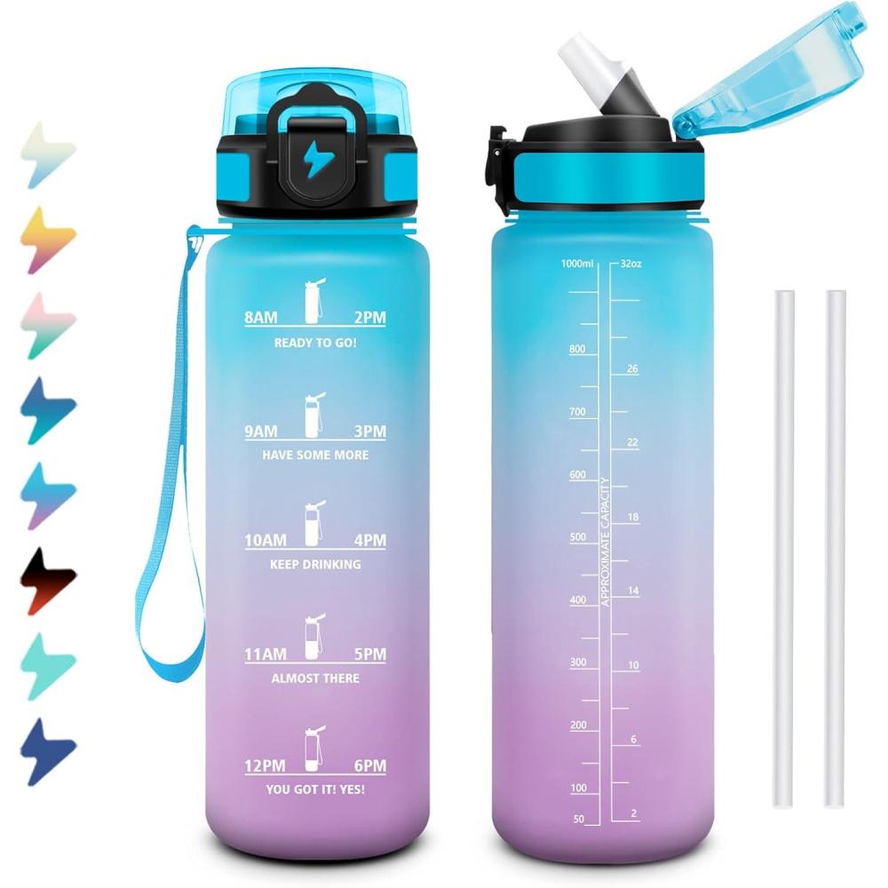 image:imageGourde 1L Bouteille deau Sport Gourde avec Paille Bouteille deau Motivation Marqueur de Temps tanche et Rutilisable Facile Nettoyer pour Enfant Voyage Randonne Camping Cyclisme32oz1000ml Paille Bleu Lilas