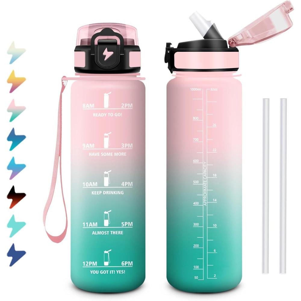 image:imageGourde 1L Bouteille deau Sport Gourde avec Paille Bouteille deau Motivation Marqueur de Temps tanche et Rutilisable Facile Nettoyer pour Enfant Voyage Randonne Camping Cyclisme32oz1000ml Paille Rose Cyan