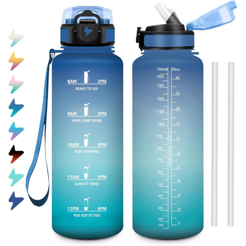 image:imageGourde 1L Bouteille deau Sport Gourde avec Paille Bouteille deau Motivation Marqueur de Temps tanche et Rutilisable Facile Nettoyer pour Enfant Voyage Randonne Camping Cyclisme50oz1500ml Paille Bleu Vert