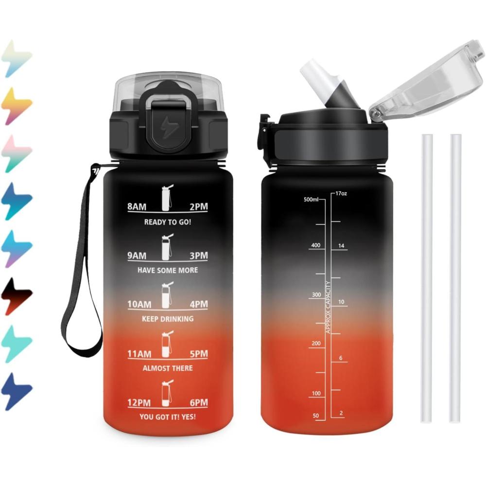 image:imageGourde 1L Bouteille deau Sport Gourde avec Paille Bouteille deau Motivation Marqueur de Temps tanche et Rutilisable Facile Nettoyer pour Enfant Voyage Randonne Camping Cyclisme17oz500ml Paille Noir Rouge