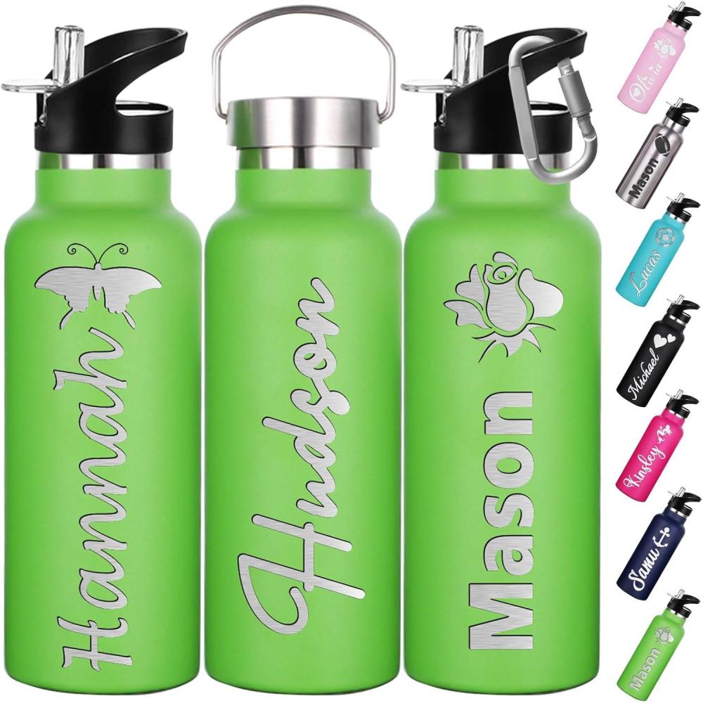 image:imageGourde Personnalise Avec Paille 350ml 750ml Nom Grav Logo Bouteille Isotherme Bouteille deau Personnalise En Acier Inoxydable Cadeau pour lcole Le Sport Le Bureau lExtrieurVert