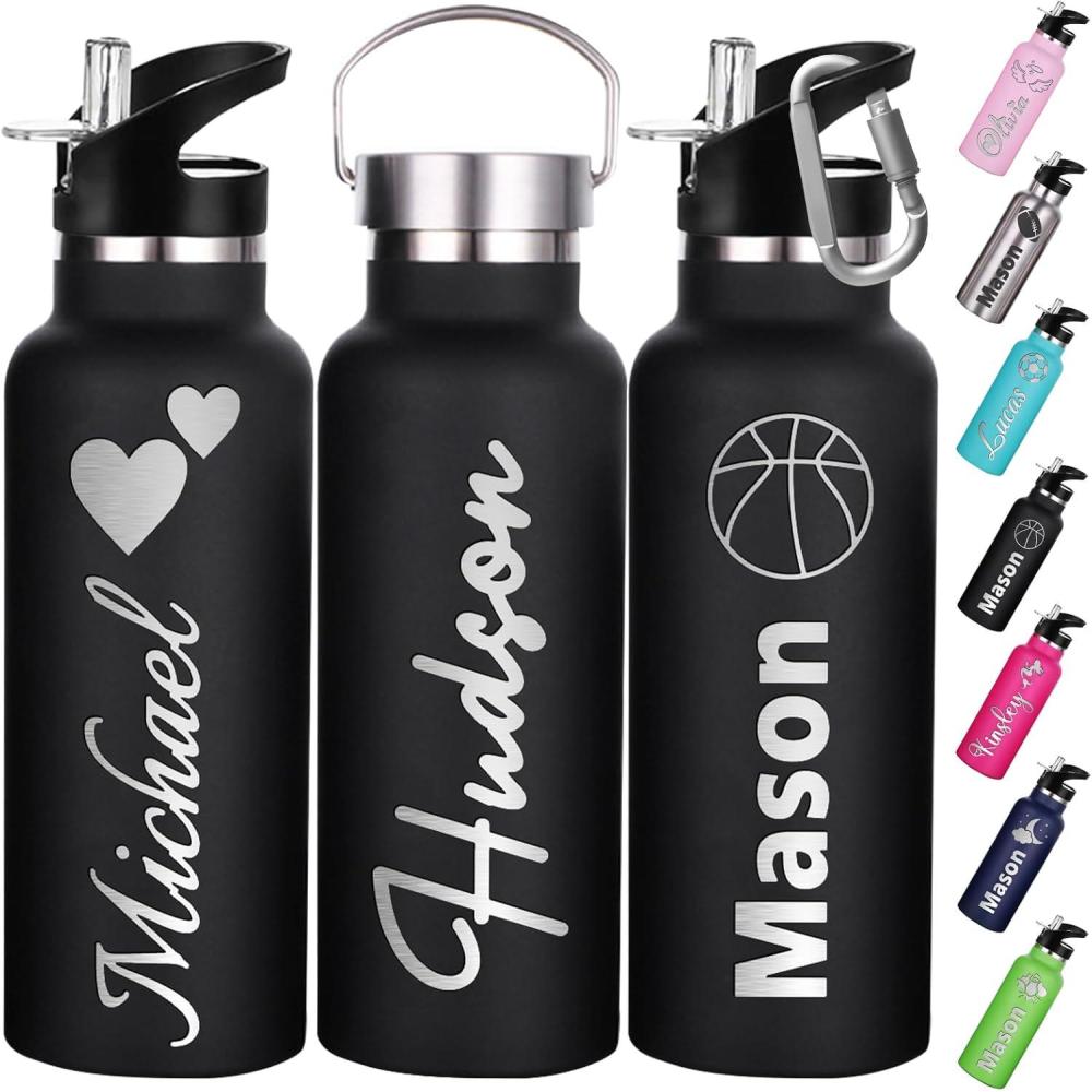 image:imageGourde Personnalise Avec Paille 350ml 750ml Nom Grav Logo Bouteille Isotherme Bouteille deau Personnalise En Acier Inoxydable Cadeau pour lcole Le Sport Le Bureau lExtrieurNoir