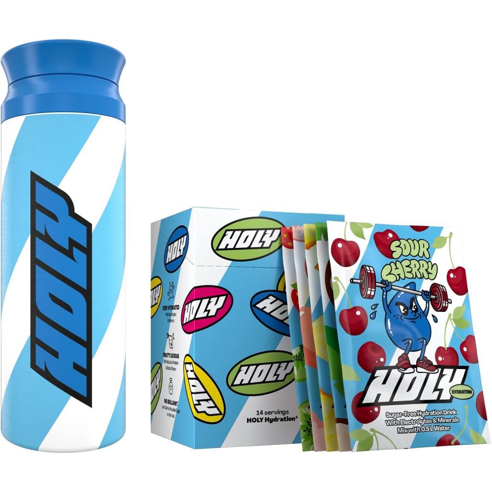 image:imageHOLY Hydration Kit de dmarrage avec shaker isotherme  2x7 varits au got naturellement fruit  Boisson sportive sans sucre avec lectrolytes et minraux  Vegan et  base deau de coco vritable