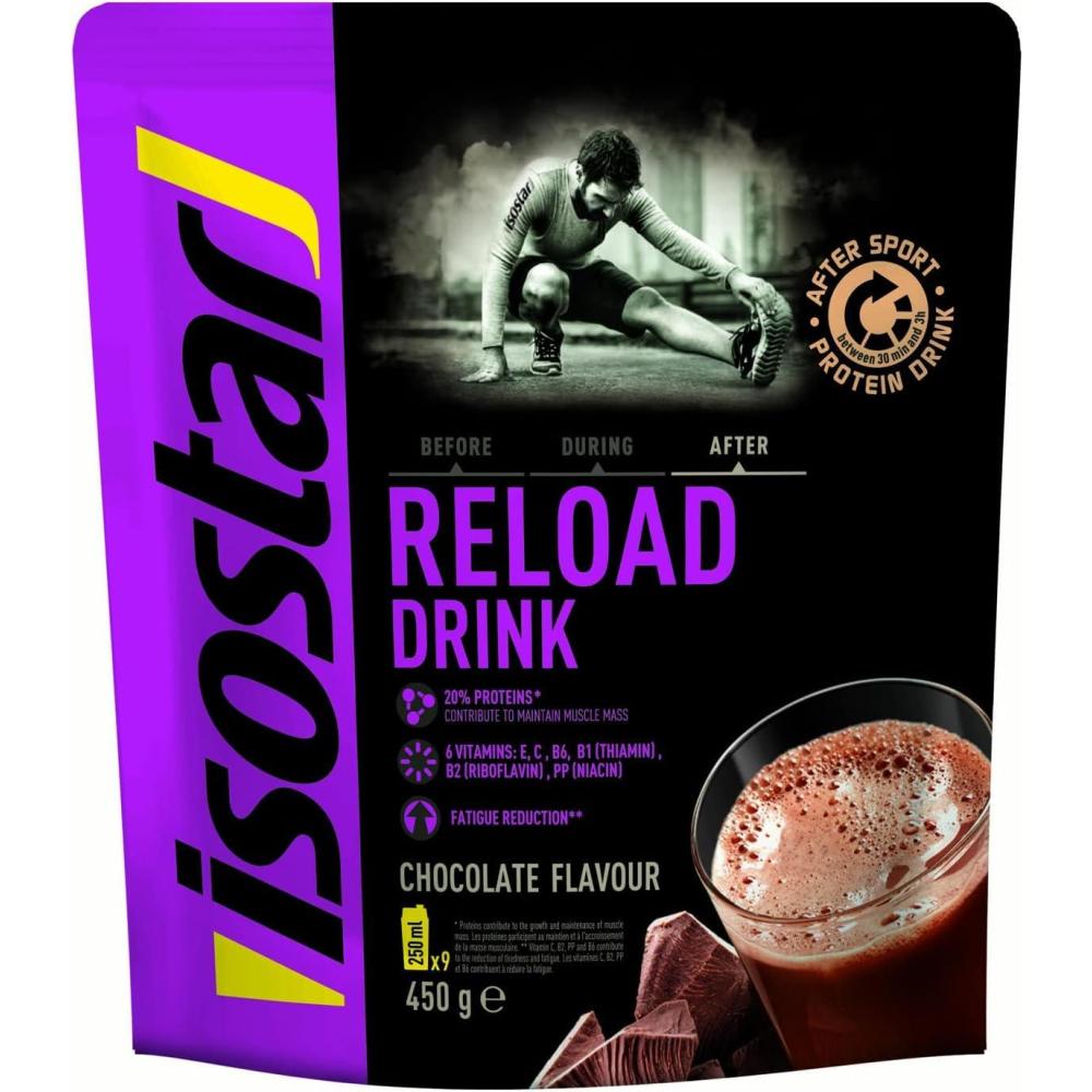 image:imageISOSTAR Reload Drink Chocolat Poudre Pour Boisson de Rcupration Protine Aprs Sport Source de Glucides Calcium Magnsium Vitamines 1 Sachet Refermable 450 g