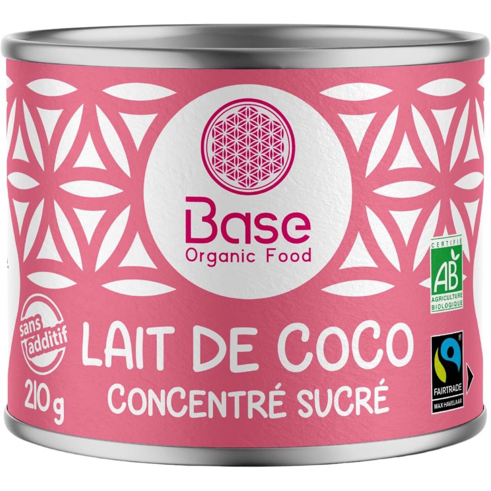 image:imageLait de Coco BIO Concentr Sucr 210g  Vegan  Sans Additifs  Sans Lactose  Equitable  Recette sucre  Ptisserie  Dessert  Boisson Chaude  Sans BPA  BASE ORGANIC FOOD Lot de 4210 ml Lot de 1