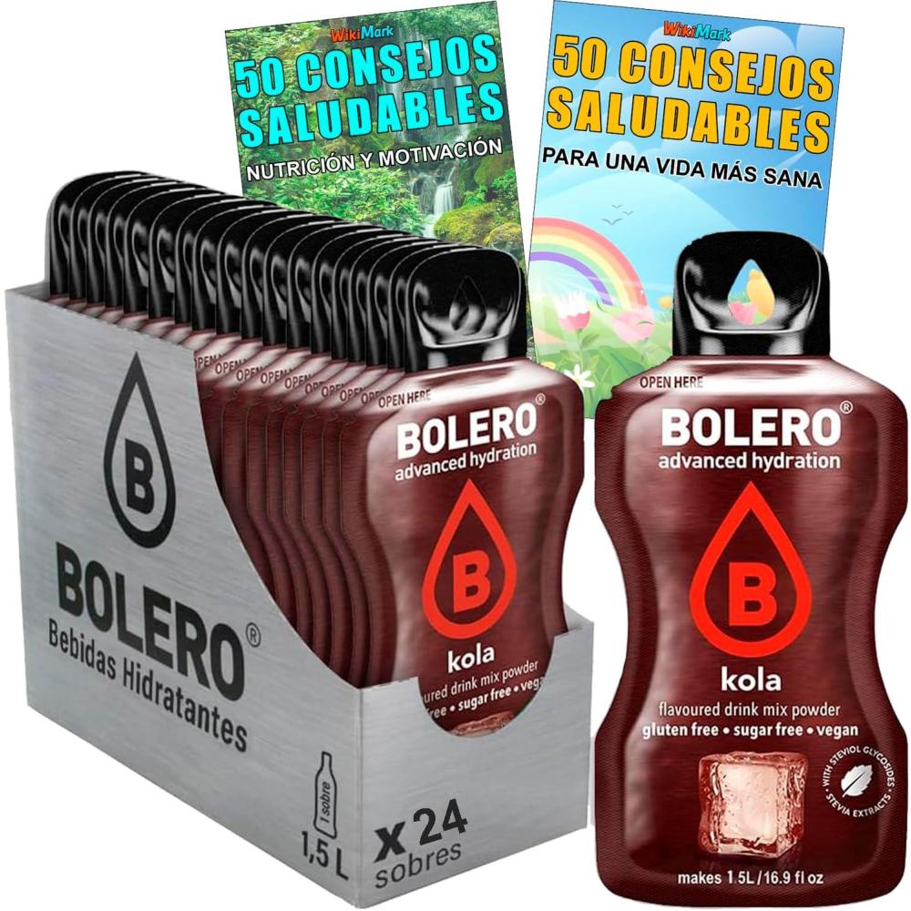 image:imageLot de boissons Bolero 24 sachets de 9 g Saveur COLA Hydratant la vitamine C sans sucre Carte de 100 conseils sant et mode de vie sain x WikiMark 24 sachets Carte de 100 conseils COLA