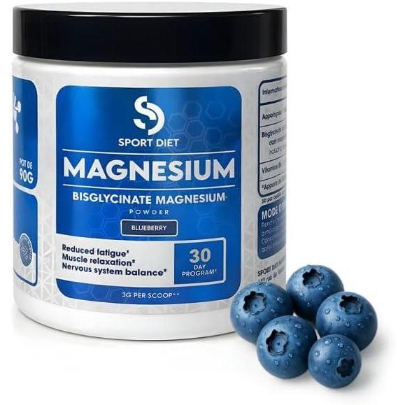 image:imageMAGNSIUM EN POUDRE Citrate ampamp Bisglycinate Vitamine B6 Rduction de la Fatigue Stress ampamp Crampes Fonction Musculaire ampamp Nerveuse Saveur Myrtille 90g SportDiet