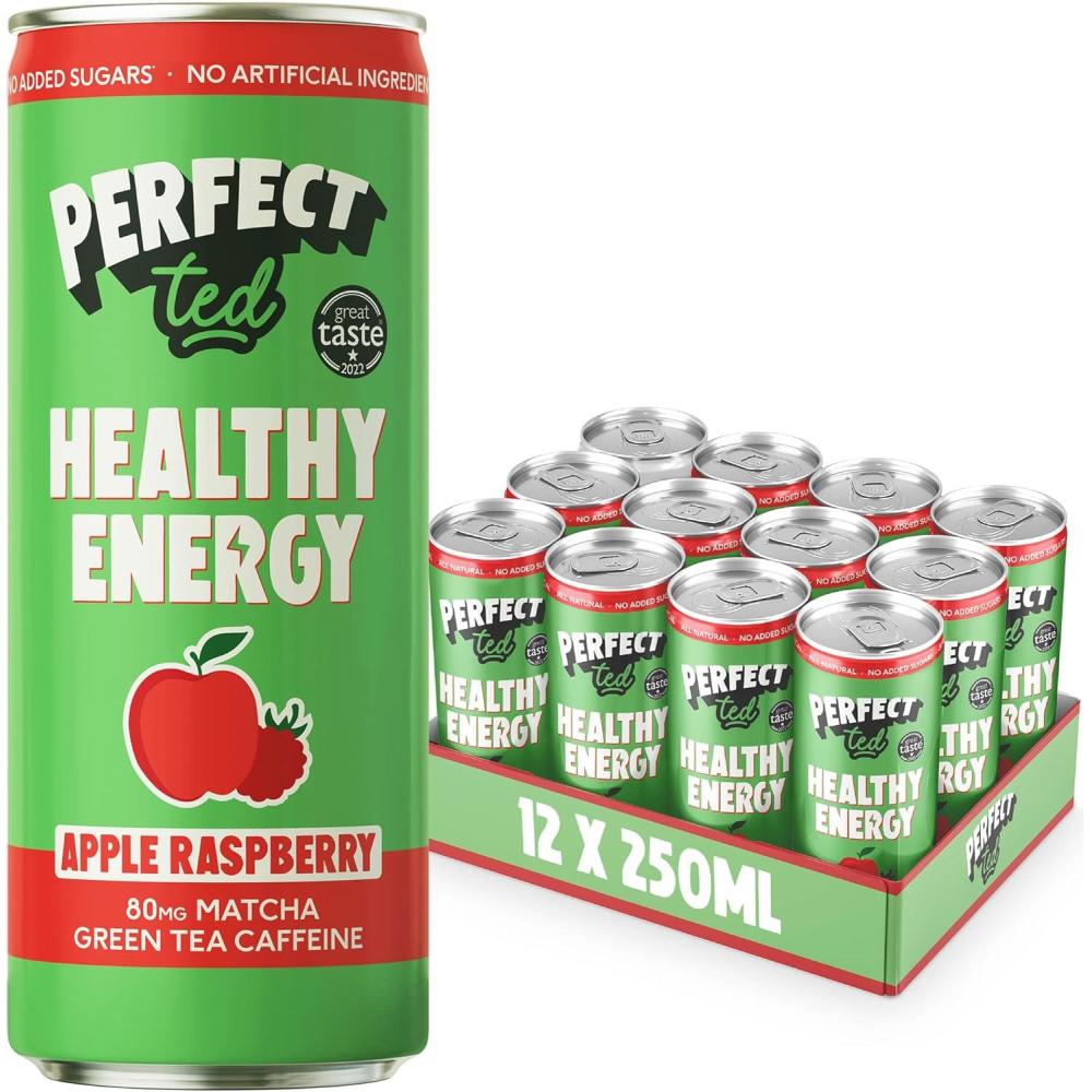 image:imagePerfectTed Boisson nergisante Saine Pomme Framboise 12 Canettes de 250 ml Cafine de Th Vert 80mg ampamp LThanine Entirement Naturelles  Faible en Calories 30KCAL  Vgane  Sans Gluten