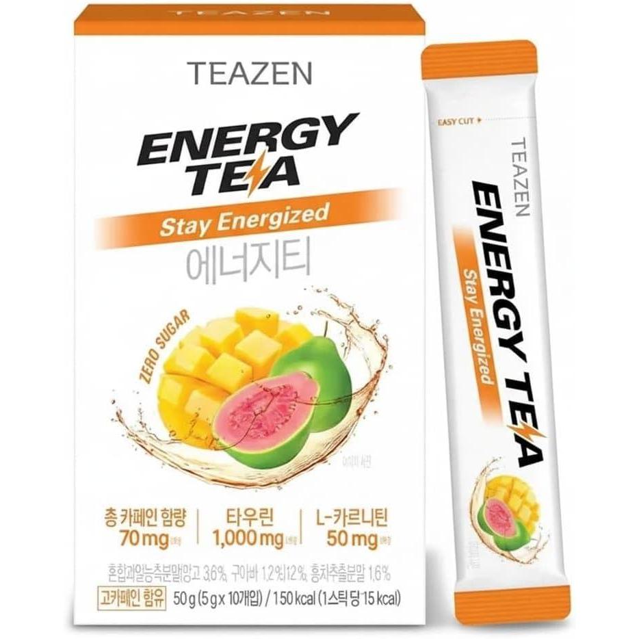 image:imageTEAZEN Pack 10 Sachets Boisson nergisante Naturelle Guarana Th Noir Goyave Mangue Sans Sucre Faible en Calories Pour Sport et Concentration 10 x 5 g