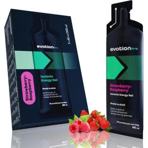 EVOTION PRO Gel Energetique – Isotonique, Lot de 5 á 60ml, D&rsquo;hydratation adéquat, Activer votre Esprit et vos Muscles, Gel à Base de Maltodextrine, Vegane, Fruit de Bois(Fraise et Framboise)