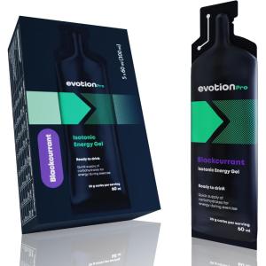 EVOTION PRO Gel Energetique – Isotonique, Lot de 5 á 60ml, D&rsquo;hydratation adéquat, Activer votre Esprit et vos Muscles, Gel à Base de Maltodextrine, Vegane, Fruit de Bois(Cassis)
