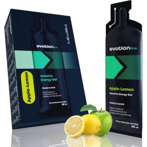 EVOTION PRO Gel Energetique – Isotonique, Lot de 5 á 60ml, D&rsquo;hydratation adéquat, Activer votre Esprit et vos Muscles, Gel à Base de Maltodextrine, Vegane, Fruit de Bois(Pomme et Citron)