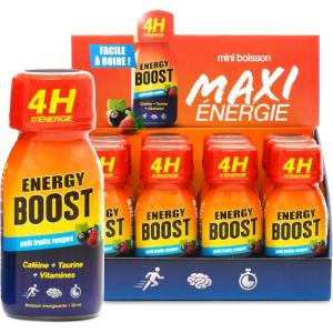 Energy Boost DRINK&SHOT – Shot Énergisant 50ml x12 – Boisson Sans Sucres – Goût fruits rouges – Concentré taurine, caféine, vitamines B – Made in France(Pack de 12)