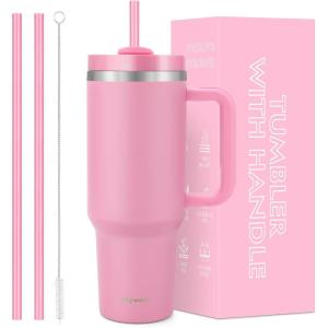 Gobelet de 1200 ml avec poignée et paille, couvercle 2 en 1, bouteille d&rsquo;eau isotherme à double paroi en acier inoxydable – Tasse de voyage – Cadeau de vacances pour homme et femme – Bleu ciel(Rose Pivoine)
