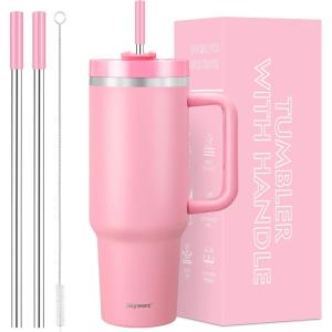 Gobelet de 1200 ml avec poignée et paille, couvercle 2 en 1, bouteille d&rsquo;eau isotherme à double paroi en acier inoxydable – Tasse de voyage – Cadeau de vacances pour homme et femme – Bleu ciel(1-rose)
