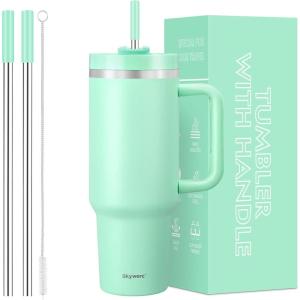 Gobelet de 1200 ml avec poignée et paille, couvercle 2 en 1, bouteille d&rsquo;eau isotherme à double paroi en acier inoxydable – Tasse de voyage – Cadeau de vacances pour homme et femme – Bleu ciel(Vert Menthe)