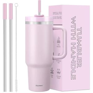 Gobelet de 1200 ml avec poignée et paille, couvercle 2 en 1, bouteille d&rsquo;eau isotherme à double paroi en acier inoxydable – Tasse de voyage – Cadeau de vacances pour homme et femme – Bleu ciel(Lavande)